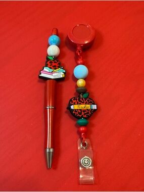 Hand Crafted Red Teacher Pen and Badge Reel Set